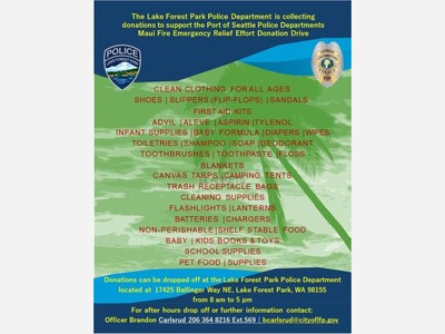 LFP Police Department collecing donations to support the Port of Seattle PD's Maui Fire Emergency Relief Effort Donation Drive