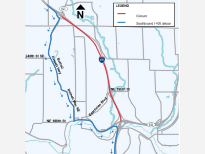 Southbound I-405 closure detours through Bothell this weekend